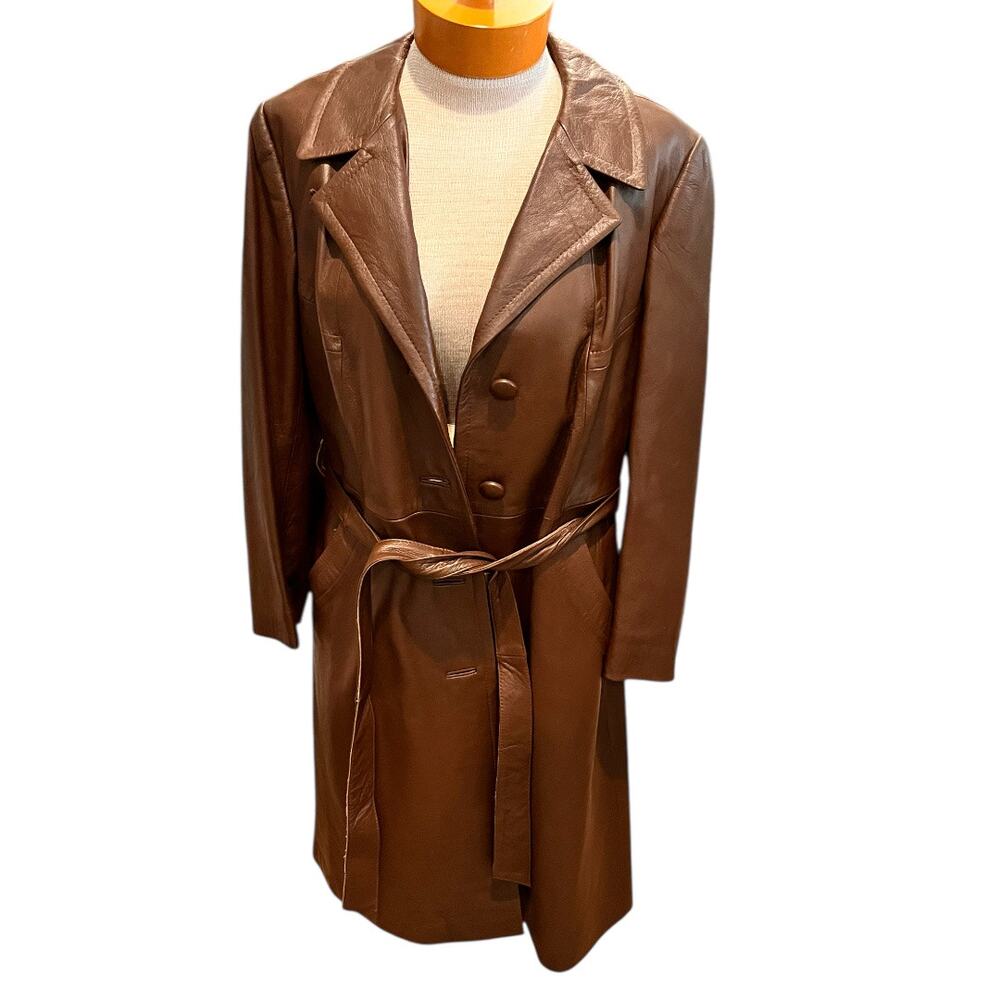 Vintage 70s Womens Leather Brown Midi Trench Coat Size Small Medium Winter